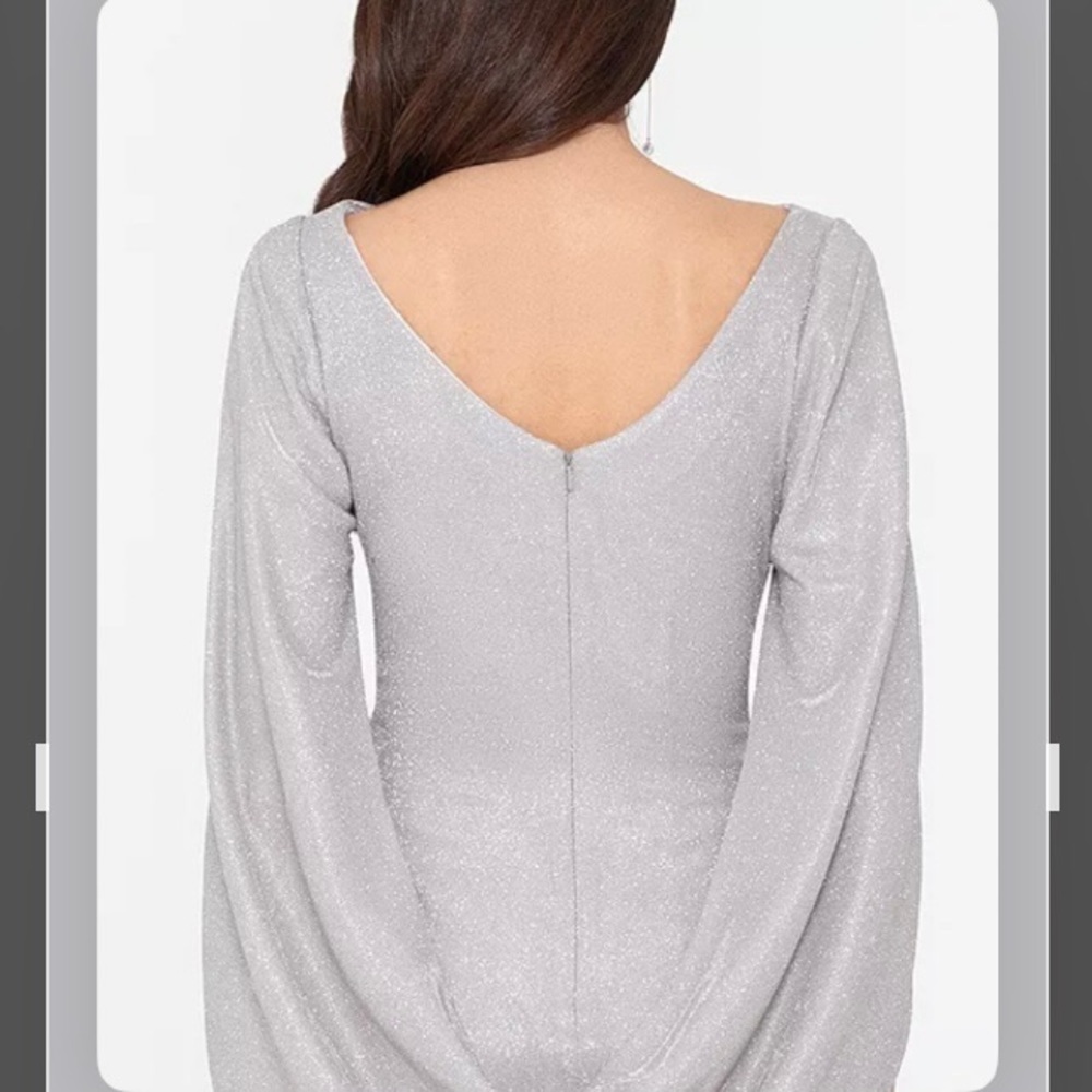 BETSY & ADAM Metallic Cape-Sleeve Drape Back V-back Gown in Taupe/Silver Size 4 - Picture 4 of 6